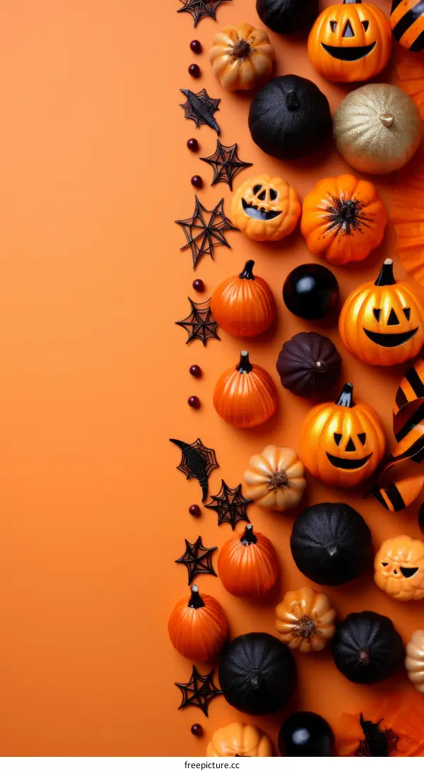 Various sizes of pumpkins and gourds in a Halloween theme on an orange background