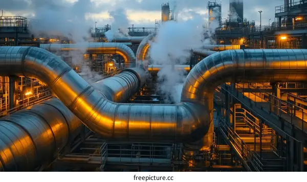 Industrial Pipeline Network at a Petrochemical Plant at Dusk
