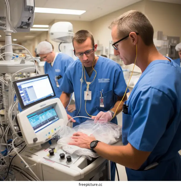 Two doctors wearing blue scrubs are working on a medical device in a hospital.