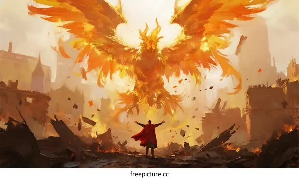 Phoenix Rising Over Ruined City with Standing Figure