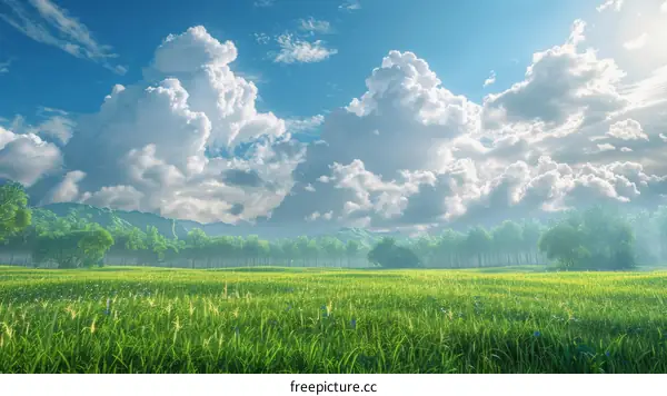 Green Grassy Field Under Blue Sky with Clouds