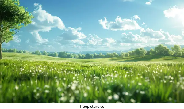 Rolling Green Hills Under a Blue Sky with White Clouds