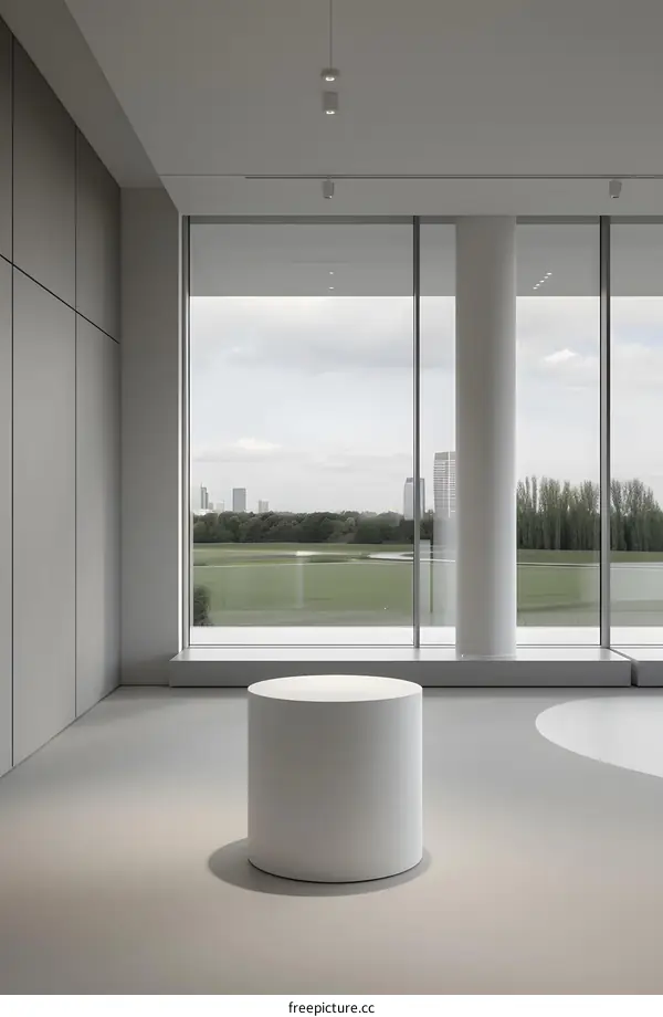Modern Minimalist Interior Design With a White Cylinder Platform in Front of a Large Window With City View