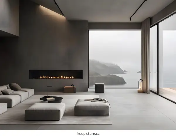 Modern Minimalist Living Room With Fireplace And Ocean View