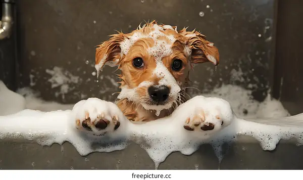 Puppy Taking a Bath with Lots of Foam