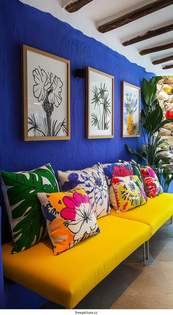 Colorful Indoor Sofa with Floral Cushions and Artistic Prints