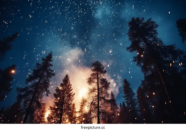 Fireworks light up the night sky over a forest