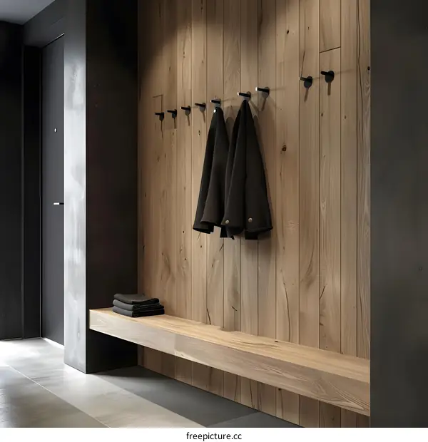 Modern Minimalist Wooden Hallway with Bench and Coat Hooks