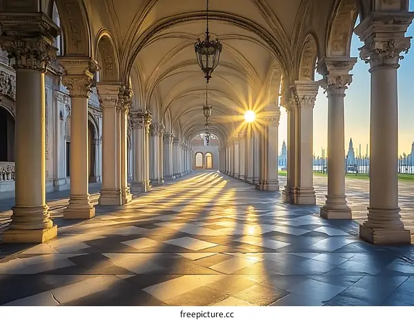 Sunlight Through Archway of Columns in Venice Italy