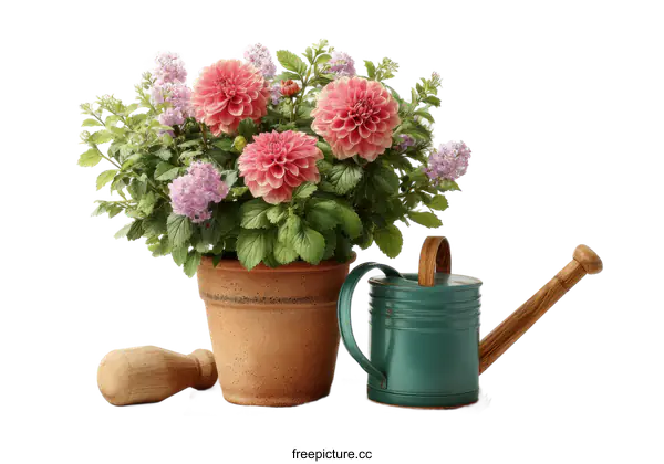 [Transparent Background PNG]Beautiful Flowers in Terracotta Pot and Watering Can