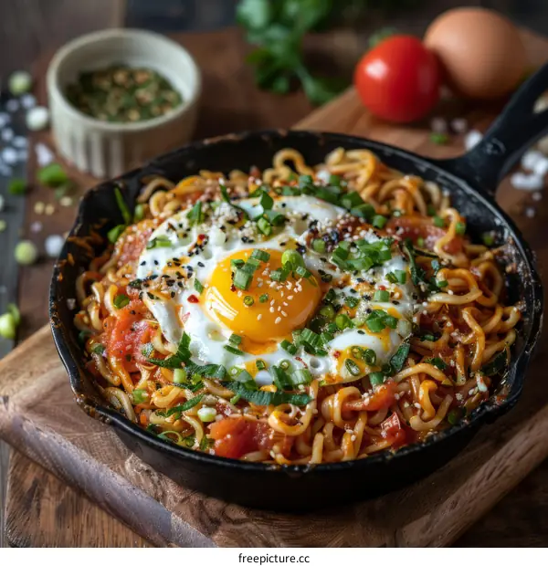 Cast iron skillet with Korean spicy tomato noodles and egg