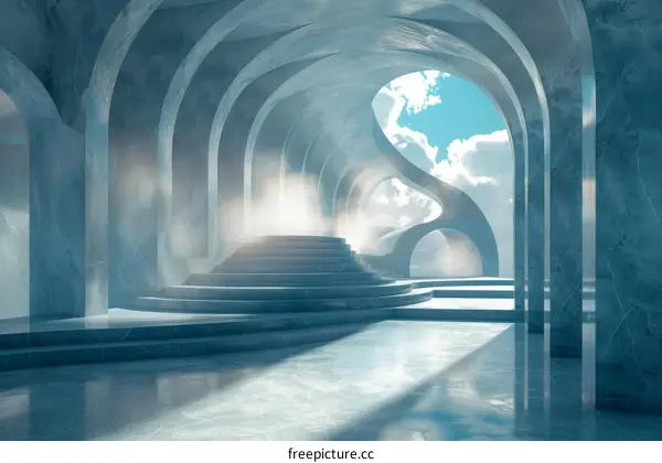 Futuristic Corridor with Stairs and Archways