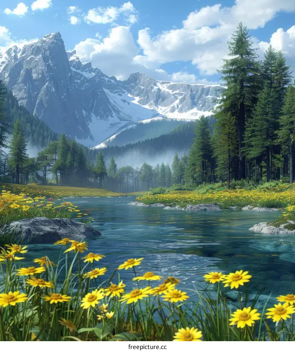 Majestic Mountain Range with Serene River and Wildflowers