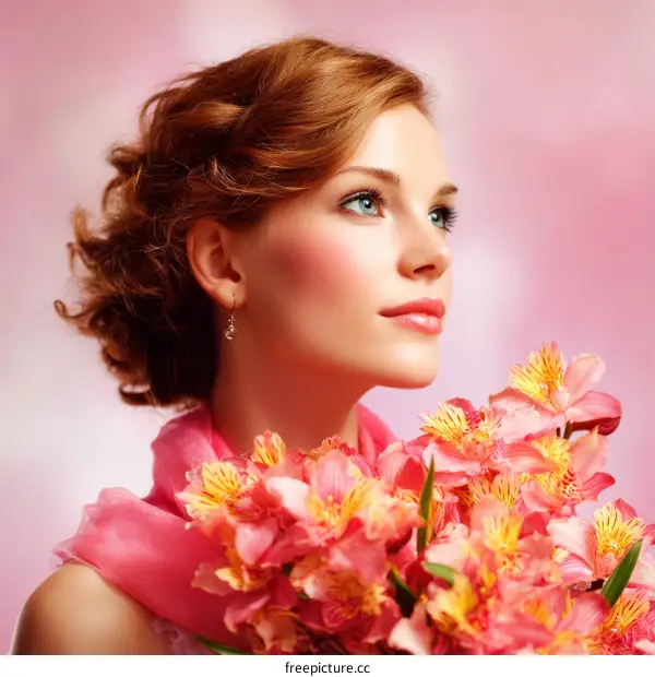 Beautiful Woman with Pink Flowers Portrait