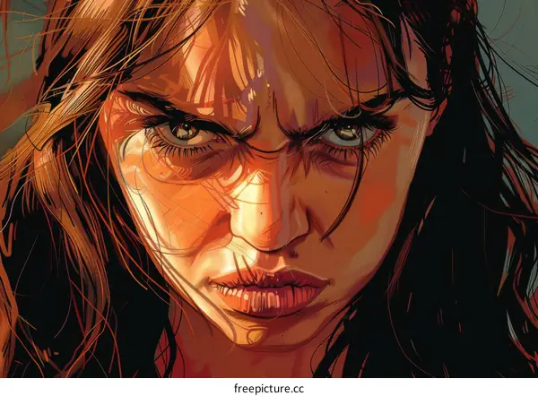 A close up portrait of a woman with long brown hair and green eyes. She has a stern expression on her face.