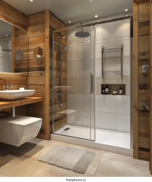 Modern Wooden Bathroom with Walk-in Shower