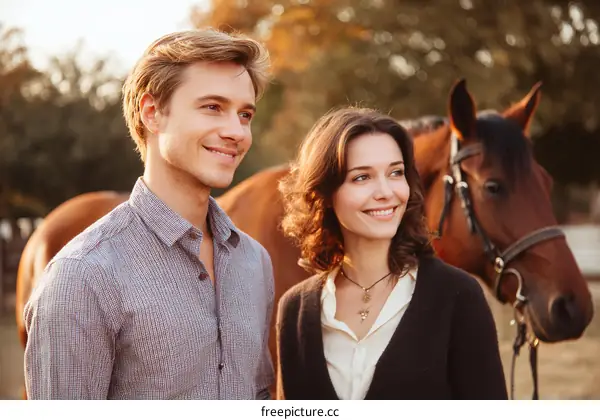 Couple Smiling at Horse in Ranch Landscape