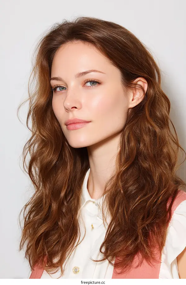 Woman with Wavy Brown Hair Close-up Portrait