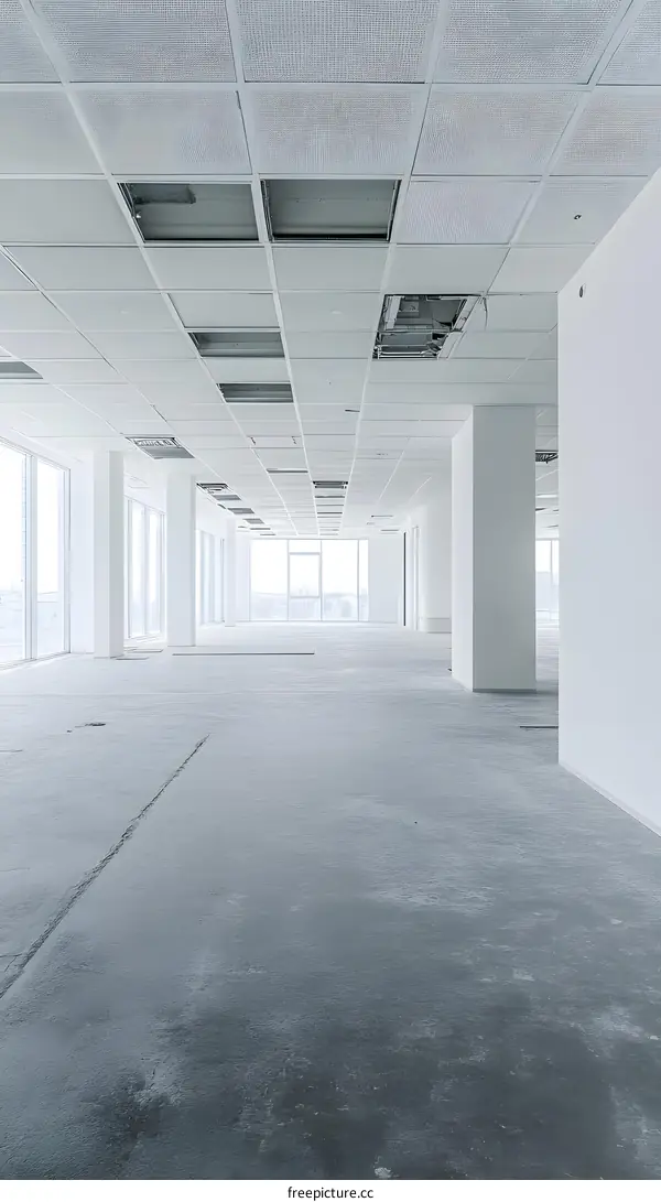 Empty Office Space with White Walls and Concrete Floor