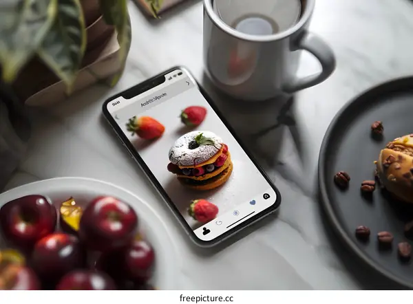 Delicious Pastry on a Phone Screen with Coffee and Fruit