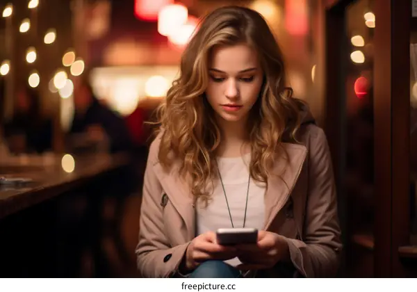 Young woman looking at her phone in a cafe
