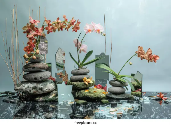 Orchid flowers and rocks on a mirrored surface with water