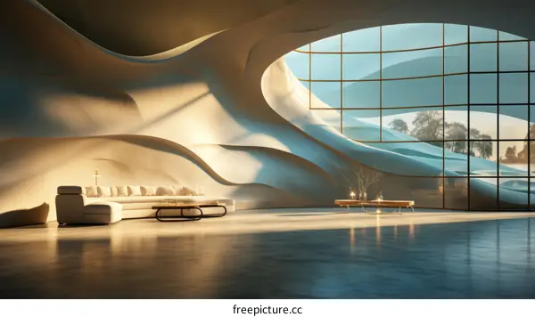 Futuristic interior space with large windows and curved walls