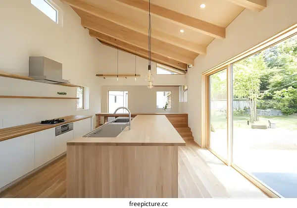 Modern Kitchen Design with Wooden Beams and Large Window