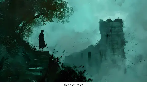 Silhouette of a Woman Standing in Front of a Ruined Castle