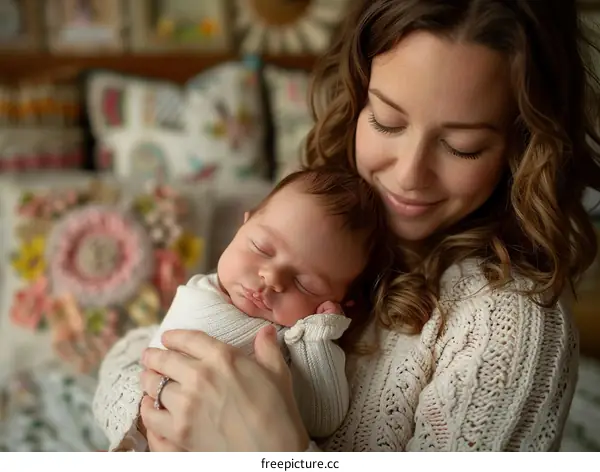 An image of a mother holding her sleeping newborn baby in her arms
