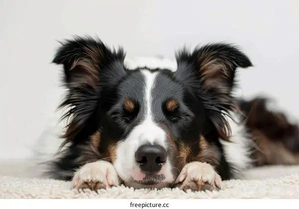 A Border Collie dog is sleeping soundly with its eyes closed.
