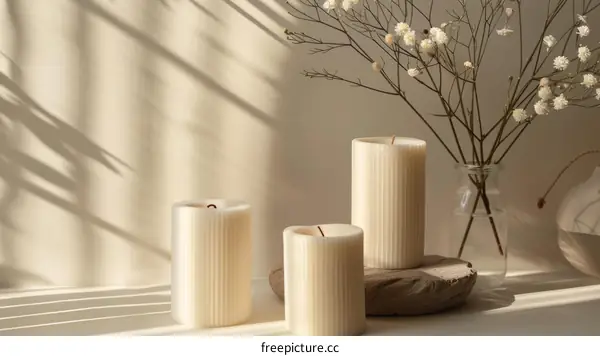 White Candles and Dried Flowers on Wooden Table