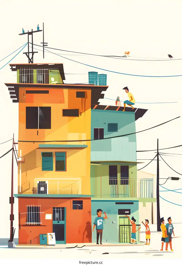 Colorful Illustration of a Slums Building in Latin America with People