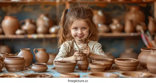 Little girl is making a clay pot in the pottery