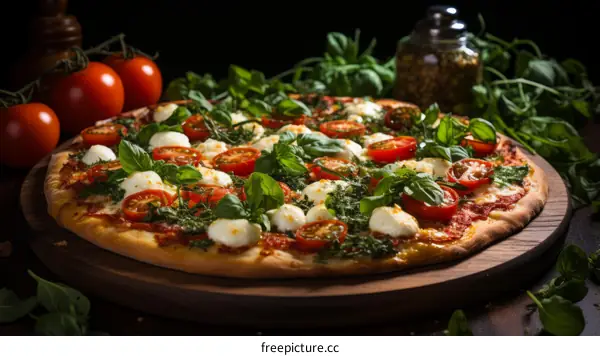 A delicious pizza with fresh tomatoes, mozzarella cheese, and basil