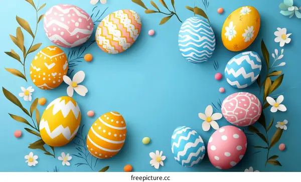 Colorful Easter Eggs Decorated with Flowers and Leaves