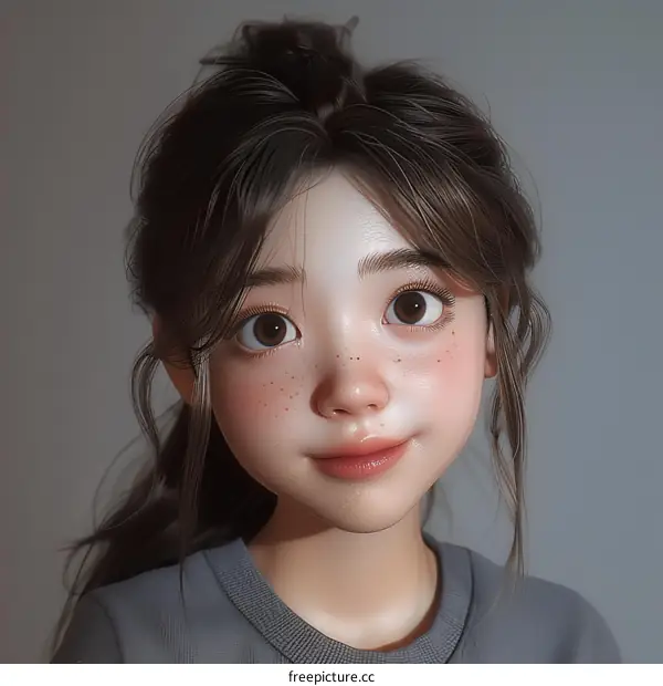 An illustration of a young woman with brown hair and freckles