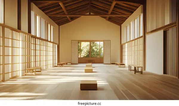 Minimalist Japanese Architecture Interior Design with Wooden Beams and Sliding Doors