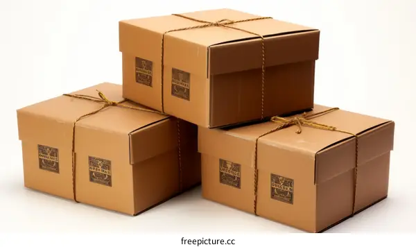 Three brown cardboard boxes stacked on a white background