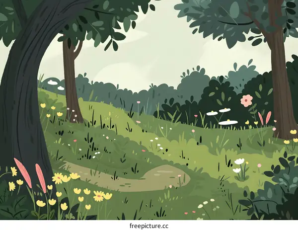 Forest Path with Flowers and Green Grass