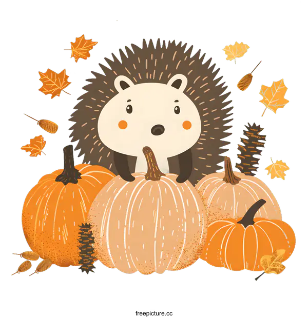 [Transparent Background PNG]Cute Hedgehog Standing on Pumpkins with Autumn Leaves