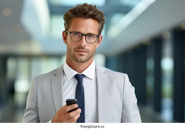Confident businessman in glasses holding a phone