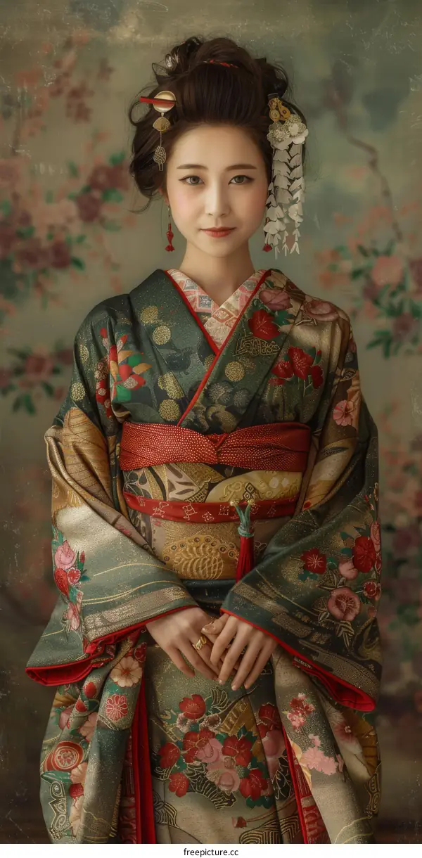 Portrait of a young woman in a kimono