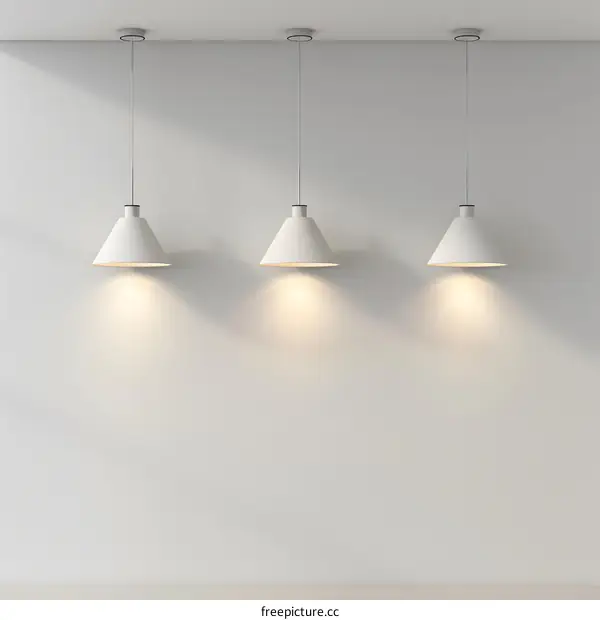 Three White Cone Pendant Lights Hanging on A White Wall
