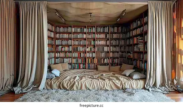 A cozy reading nook surrounded by bookshelves