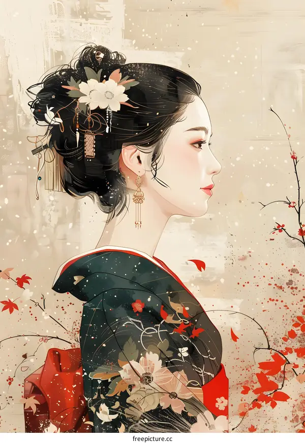An illustration of a beautiful Japanese woman in a kimono with red and white flowers in her hair. She is looking to the right of the frame.