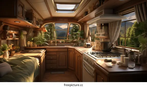 A cozy kitchen in a camper van with a view of the mountains.