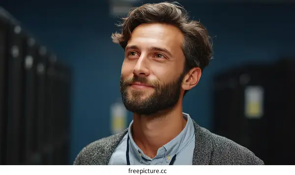 Focused Caucasian Man in Server Room