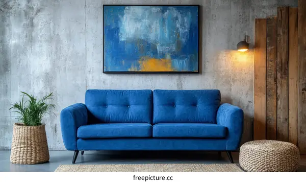 Modern Living Room with Blue Sofa and Abstract Art