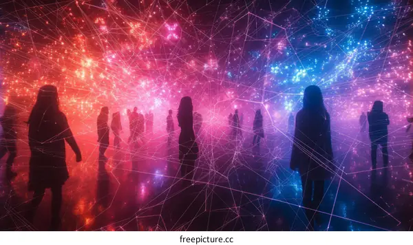 People walking through a field of red and blue lights